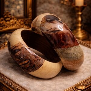 VINTAGE RESIN WOOD BANGLE SET EARTH TONE CHUNKY STATEMENT HIPPIE BOHO